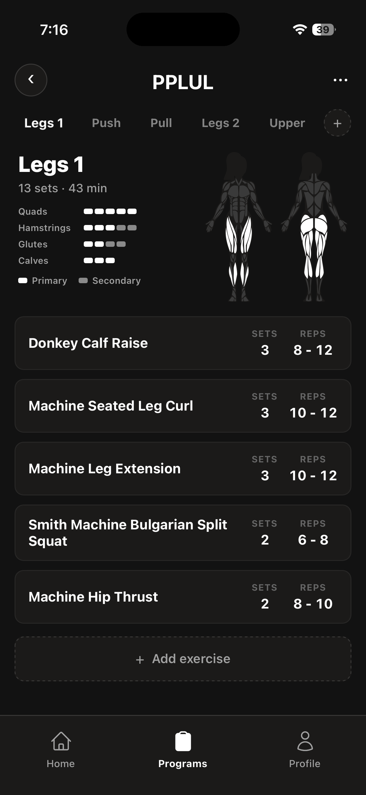 Programme builder: a Legs day with quads and glutes lit on a female muscle map